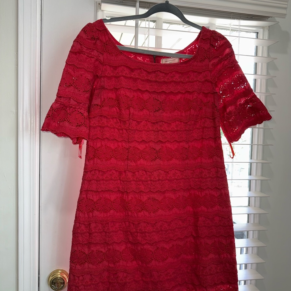 Moulinette Soeurs Anthropologie Red Sheath Mini Dress with Bell Sleeves